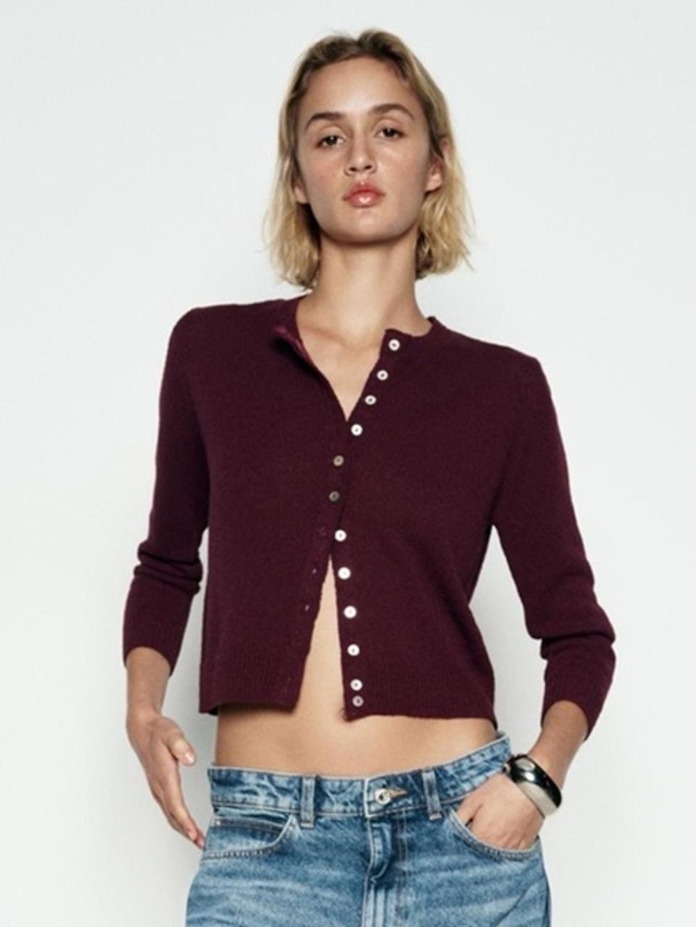 Zara Cropped Button‑Front Cardigan – Burgundy, Size Medium